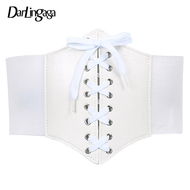 Darlingaga Gothic Dark Lace Up Crop Top Women Corset Belt Slim Cummerbunds PU Leather Top Harness Bustier Tops To Wear Out 2021