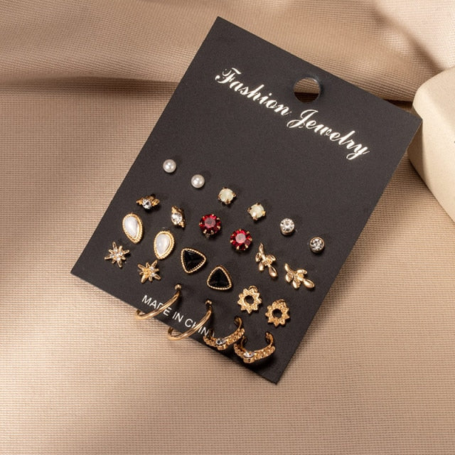 Women's Earrings Set Retro Korean Geometric Stud Earrings for Women Korean Gold Small Metal Pearl Earring 2021 Trend Jewelry