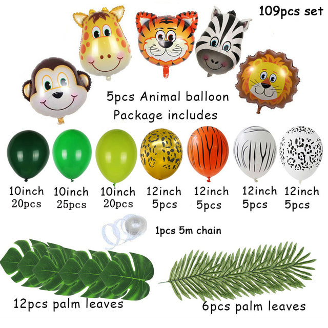 109pcs Palm Leaf Animal Balloons Garland Arch Kit Jungle Safari Party Supplies Favors Kids Birthday Party Baby Shower Boy Decor