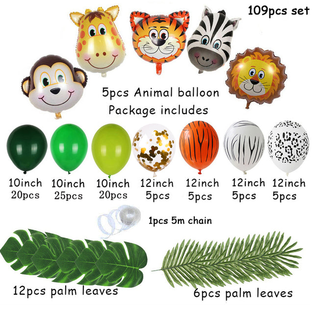 109pcs Palm Leaf Animal Balloons Garland Arch Kit Jungle Safari Party Supplies Favors Kids Birthday Party Baby Shower Boy Decor