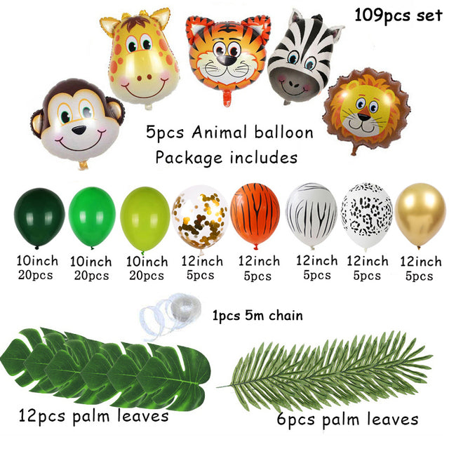 109pcs Palm Leaf Animal Balloons Garland Arch Kit Jungle Safari Party Supplies Favors Kids Birthday Party Baby Shower Boy Decor