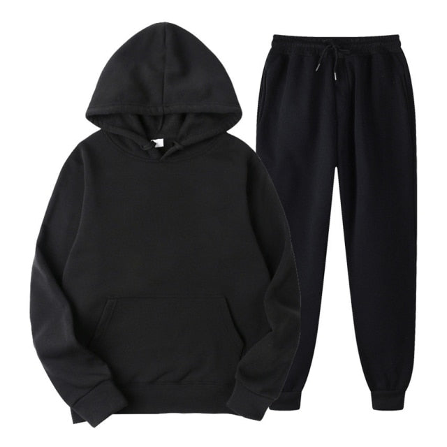 Tracksuit Men Fashion Hoodies Men Suits Solid Sets Men Sweatshirts+Sweatpants Spring Autumn Fleece Hooded Pullover 2 Pieces Set