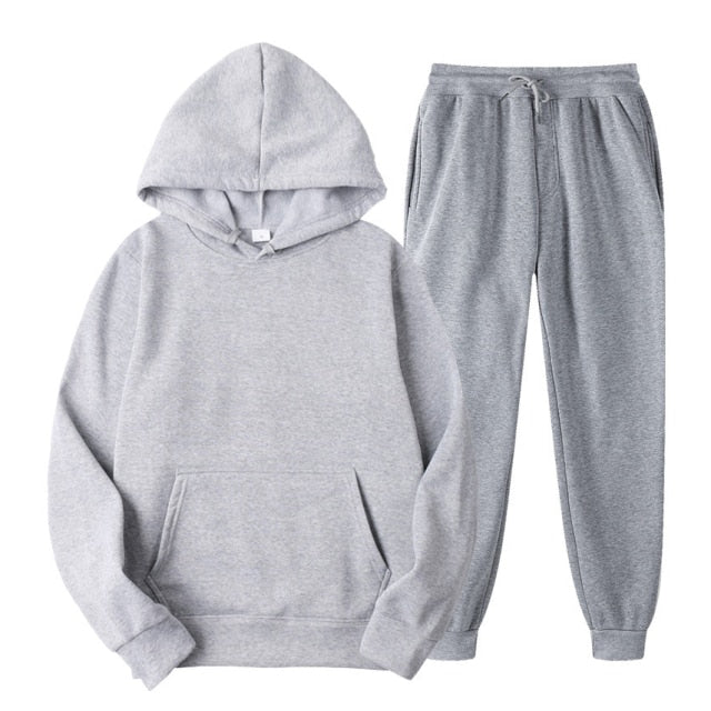 Tracksuit Men Fashion Hoodies Men Suits Solid Sets Men Sweatshirts+Sweatpants Spring Autumn Fleece Hooded Pullover 2 Pieces Set