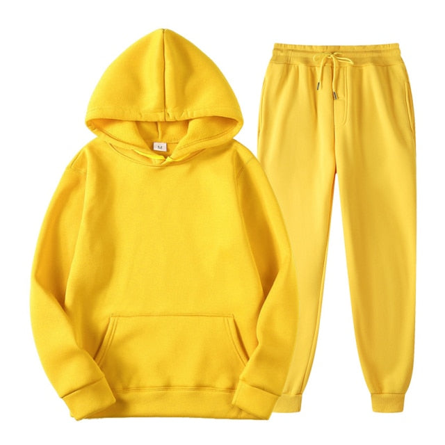 Tracksuit Men Fashion Hoodies Men Suits Solid Sets Men Sweatshirts+Sweatpants Spring Autumn Fleece Hooded Pullover 2 Pieces Set