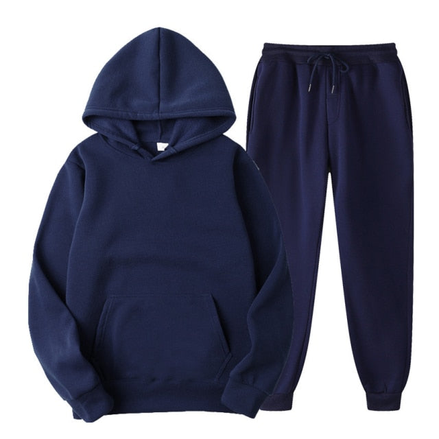 Tracksuit Men Fashion Hoodies Men Suits Solid Sets Men Sweatshirts+Sweatpants Spring Autumn Fleece Hooded Pullover 2 Pieces Set
