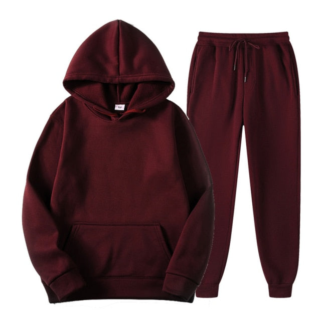 Tracksuit Men Fashion Hoodies Men Suits Solid Sets Men Sweatshirts+Sweatpants Spring Autumn Fleece Hooded Pullover 2 Pieces Set