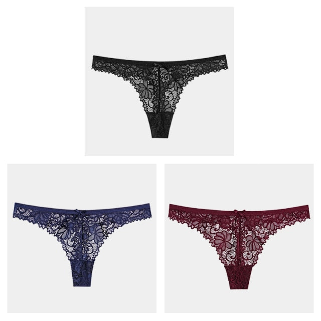 3Pcs/Lot Sexy Lace Thong Low Waist Lace Transparent Panties Women Hollow out Breathable G String Briefs Bow Underwear Lingerie