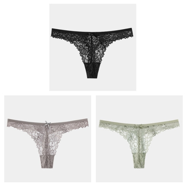 3Pcs/Lot Sexy Lace Thong Low Waist Lace Transparent Panties Women Hollow out Breathable G String Briefs Bow Underwear Lingerie