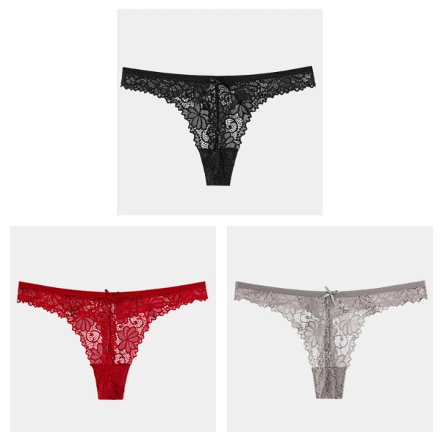 3Pcs/Lot Sexy Lace Thong Low Waist Lace Transparent Panties Women Hollow out Breathable G String Briefs Bow Underwear Lingerie