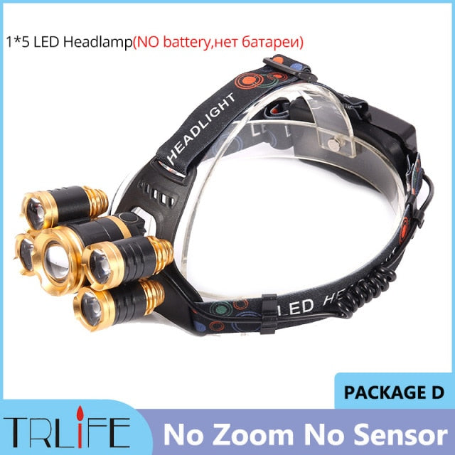 Powerful LED Headlight headlamp 5LED T6 Head Lamp Sensor Flashlight Torch head light 18650 battery Best For Camping, fishing