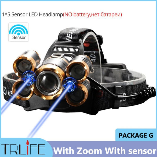 Powerful LED Headlight headlamp 5LED T6 Head Lamp Sensor Flashlight Torch head light 18650 battery Best For Camping, fishing