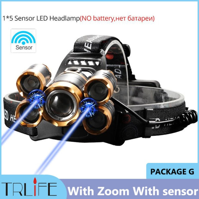 Powerful LED Headlight headlamp 5LED T6 Head Lamp Sensor Flashlight Torch head light 18650 battery Best For Camping, fishing