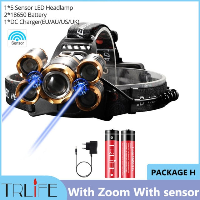 Powerful LED Headlight headlamp 5LED T6 Head Lamp Sensor Flashlight Torch head light 18650 battery Best For Camping, fishing