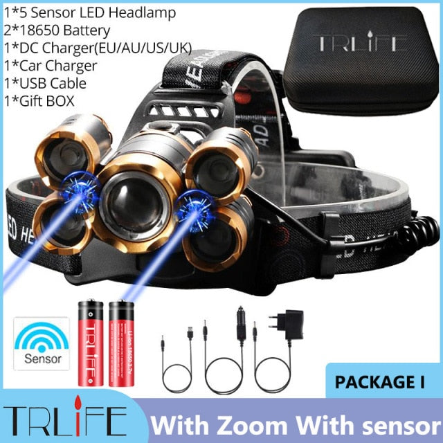 Powerful LED Headlight headlamp 5LED T6 Head Lamp Sensor Flashlight Torch head light 18650 battery Best For Camping, fishing