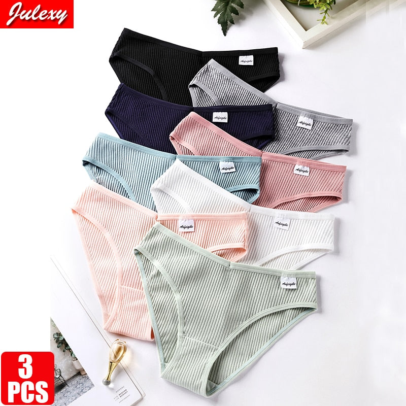 Julexy New 2021 Cotton Sexy Panties for Women Underpants Briefs Underwear Plus Size Pantys Lingerie 3PCS/Set 8 Solid Color