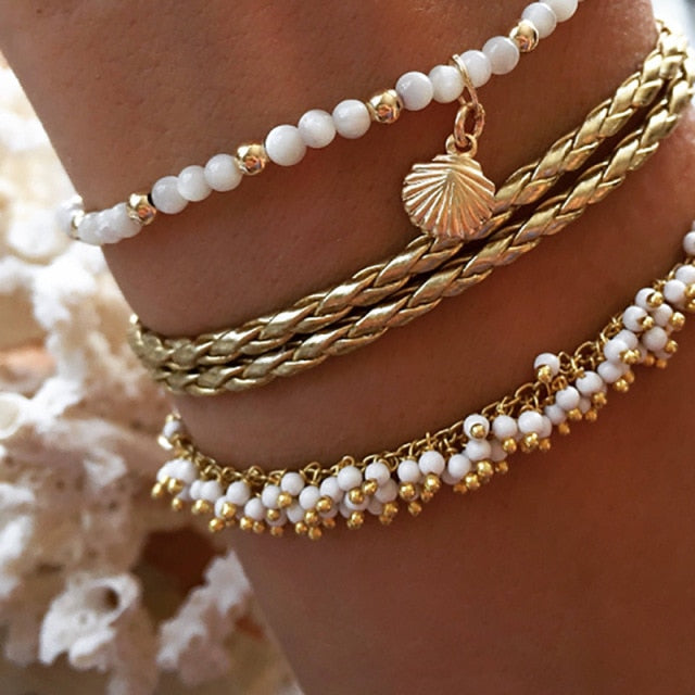 docona Boho Gold Shell Cowrie Anklet Set for Women Black Weaving White Pearl Charms Beaded Anklet Foot Chain Jewelry  8007