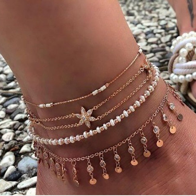 docona Boho Gold Shell Cowrie Anklet Set for Women Black Weaving White Pearl Charms Beaded Anklet Foot Chain Jewelry  8007