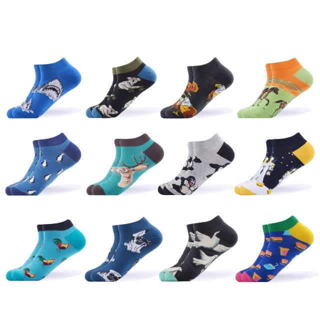 SANZETTI 6-12 Pairs/Lot Men's Ankle Socks Casual Novelty Colorful Summer Happy Combed Cotton Short Socks Plaid Dress Boat Socks