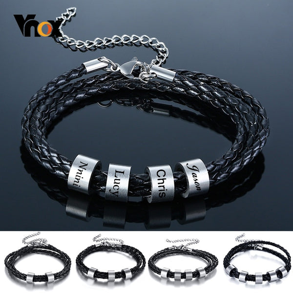 Vnox Free Personalize Family Name Bracelets for Men Layered Leather With Beads Charm Bracelet Couple Anniversary Gift to DAD Son