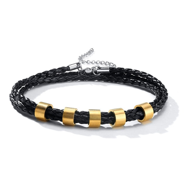 Vnox Free Personalize Family Name Bracelets for Men Layered Leather With Beads Charm Bracelet Couple Anniversary Gift to DAD Son