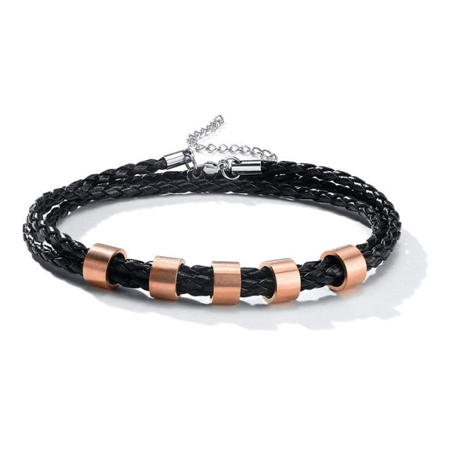Vnox Free Personalize Family Name Bracelets for Men Layered Leather With Beads Charm Bracelet Couple Anniversary Gift to DAD Son