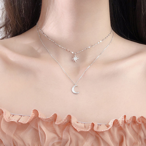 2021 New 925 Sterling Silver Double Layer Star Moon Necklace Women Clavicle Chain Fine Jewelry Party Wedding Accessories