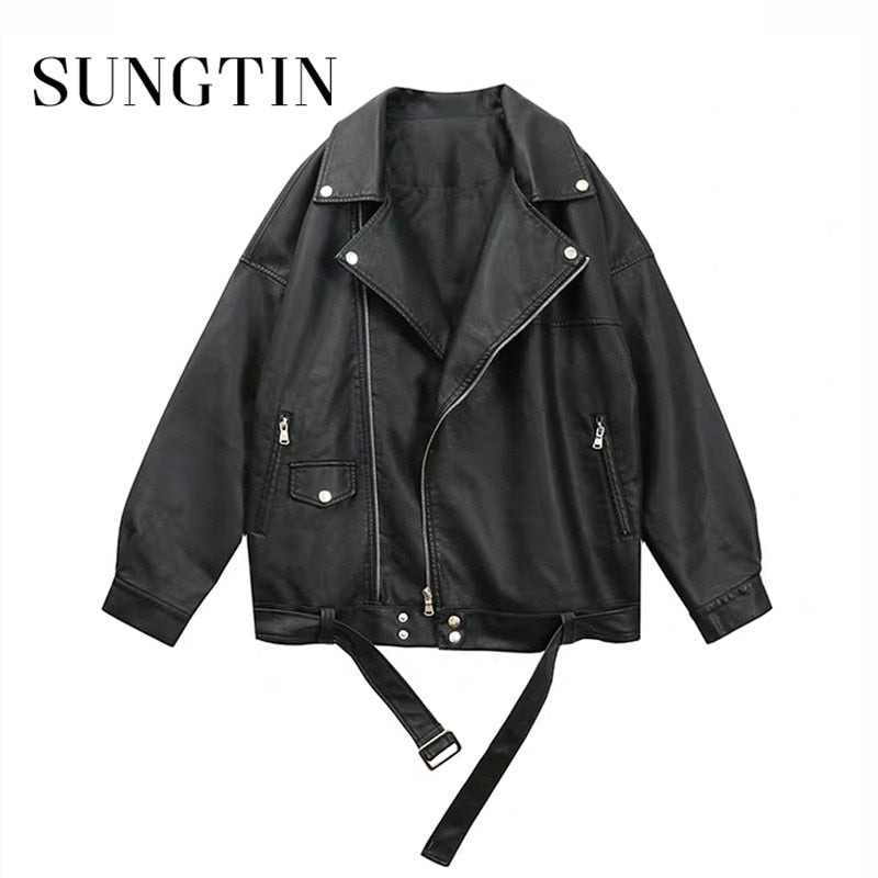 Sungtin Women Loose Pu Leather Jacket Black Soft Faux Leather Jacket Street Moto Biker Leather Coat Jacket Lady Casual Outerwear