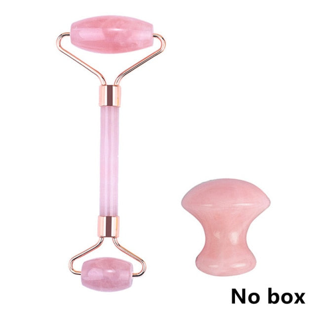 Rose Quartz Roller Facial Massager Powder Crystal Roller Jade Roller Scraper Mask Brush Three-piece Beauty Face-lifting Tool