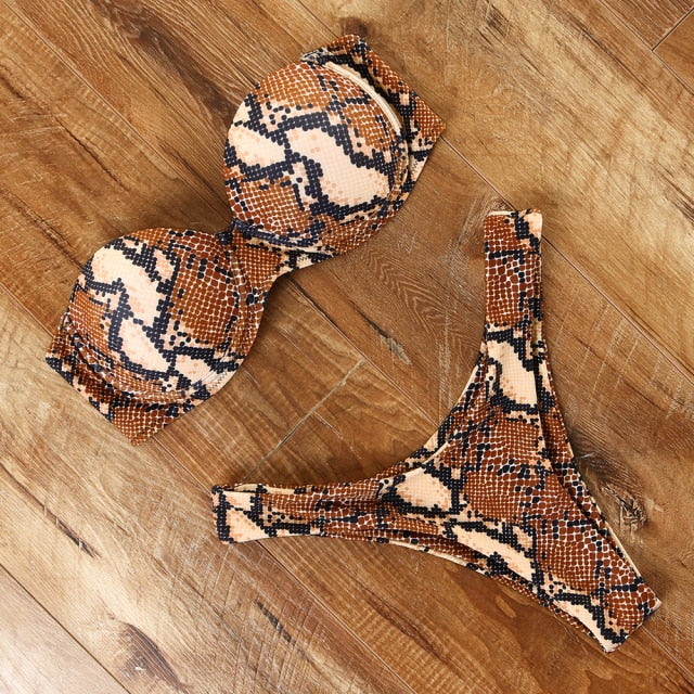 Animal Print Leopard Bikini Push Up Swimsuit Sexy Women Bikini Set 2021 Brazilian Thong Bathing Suit Bandeau Beach Wear Swimwear