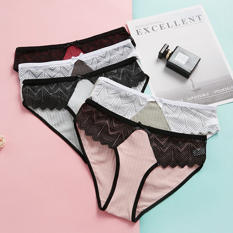 3PCS New Cotton Panties Women Comfortable Underwears Sexy Low-Rise Underpants Female Lace Lingerie Briefs Skin-friendly