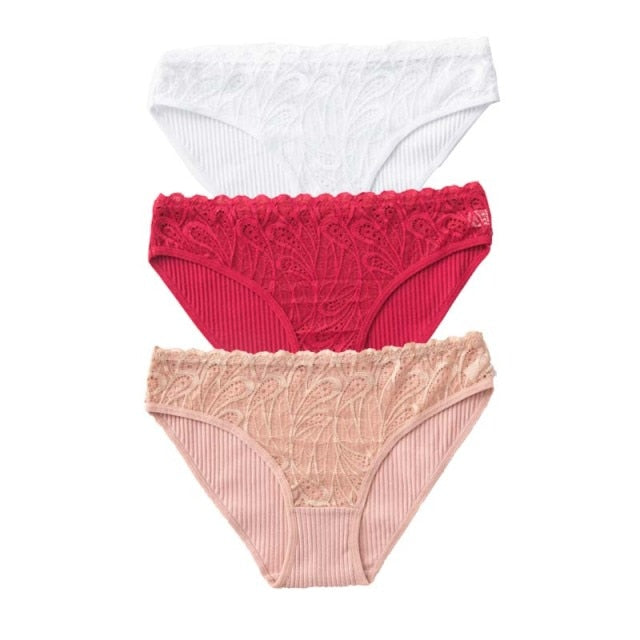 3PCS New Cotton Panties Women Comfortable Underwears Sexy Low-Rise Underpants Female Lace Lingerie Briefs Skin-friendly