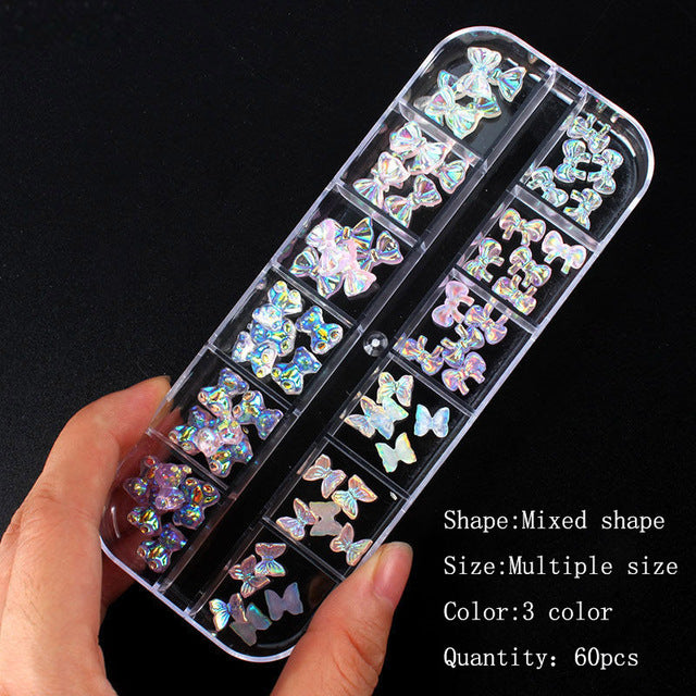 12 grid box 60Pcs 3D Cute Bear/Butterfly Resin Nail Art Decorations Aurora Rhinestone for Nails Glitter DIY Manicure Accessories