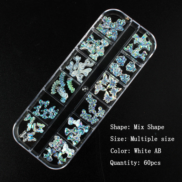 12 grid box 60Pcs 3D Cute Bear/Butterfly Resin Nail Art Decorations Aurora Rhinestone for Nails Glitter DIY Manicure Accessories