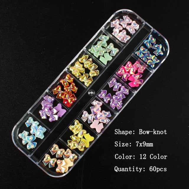 12 grid box 60Pcs 3D Cute Bear/Butterfly Resin Nail Art Decorations Aurora Rhinestone for Nails Glitter DIY Manicure Accessories