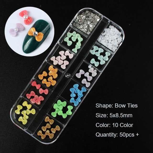 12 grid box 60Pcs 3D Cute Bear/Butterfly Resin Nail Art Decorations Aurora Rhinestone for Nails Glitter DIY Manicure Accessories
