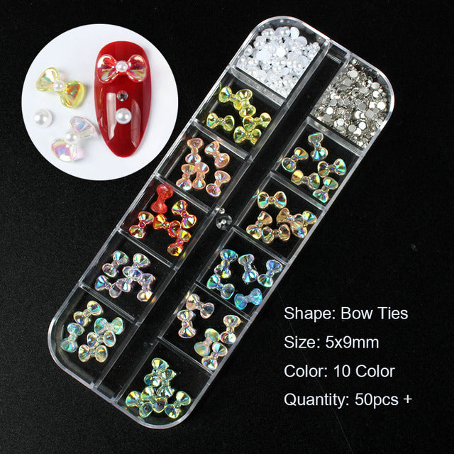 12 grid box 60Pcs 3D Cute Bear/Butterfly Resin Nail Art Decorations Aurora Rhinestone for Nails Glitter DIY Manicure Accessories