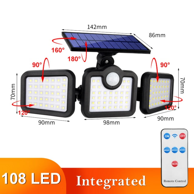 122 LED Solar Lights Outdoor 3 Head Motion Sensor 270 Wide Angle Illumination Super Bright Waterproof Remote Control Wall Lamp