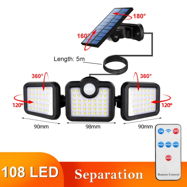 122 LED Solar Lights Outdoor 3 Head Motion Sensor 270 Wide Angle Illumination Super Bright Waterproof Remote Control Wall Lamp