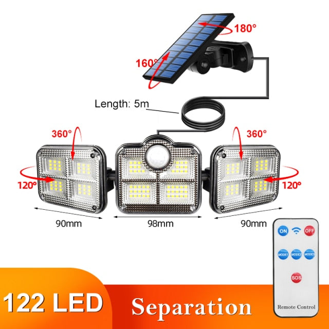 122 LED Solar Lights Outdoor 3 Head Motion Sensor 270 Wide Angle Illumination Super Bright Waterproof Remote Control Wall Lamp