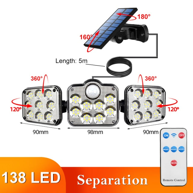 122 LED Solar Lights Outdoor 3 Head Motion Sensor 270 Wide Angle Illumination Super Bright Waterproof Remote Control Wall Lamp