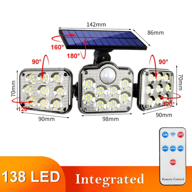 122 LED Solar Lights Outdoor 3 Head Motion Sensor 270 Wide Angle Illumination Super Bright Waterproof Remote Control Wall Lamp