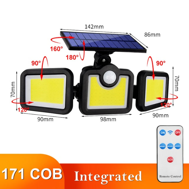 122 LED Solar Lights Outdoor 3 Head Motion Sensor 270 Wide Angle Illumination Super Bright Waterproof Remote Control Wall Lamp