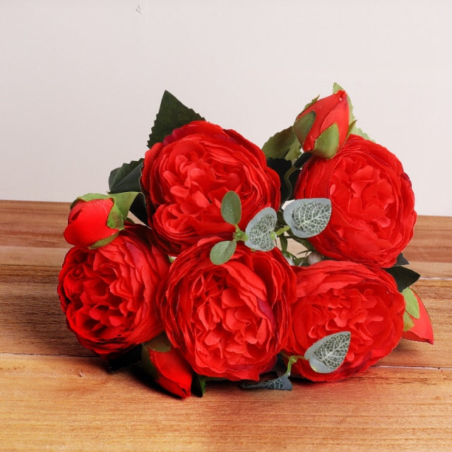 30cm Rose Pink Silk Bouquet Peony Artificial Flowers 5 Big Heads 4 Small Bud Bride Wedding Home Decoration Fake Flowers Faux