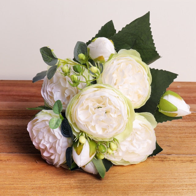 30cm Rose Pink Silk Bouquet Peony Artificial Flowers 5 Big Heads 4 Small Bud Bride Wedding Home Decoration Fake Flowers Faux