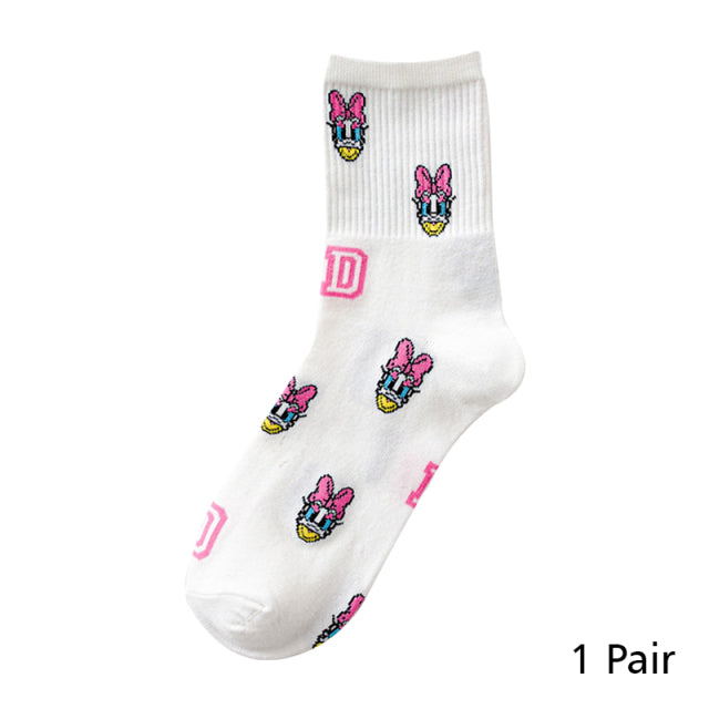 8 Pairs Disney Cartoon Socks Cute Mickey Minnie Daisy Donald Winnie Piglet Print White Funny Harajuku Fashion Kawaii Girl Sock