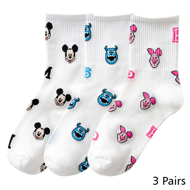 8 Pairs Disney Cartoon Socks Cute Mickey Minnie Daisy Donald Winnie Piglet Print White Funny Harajuku Fashion Kawaii Girl Sock