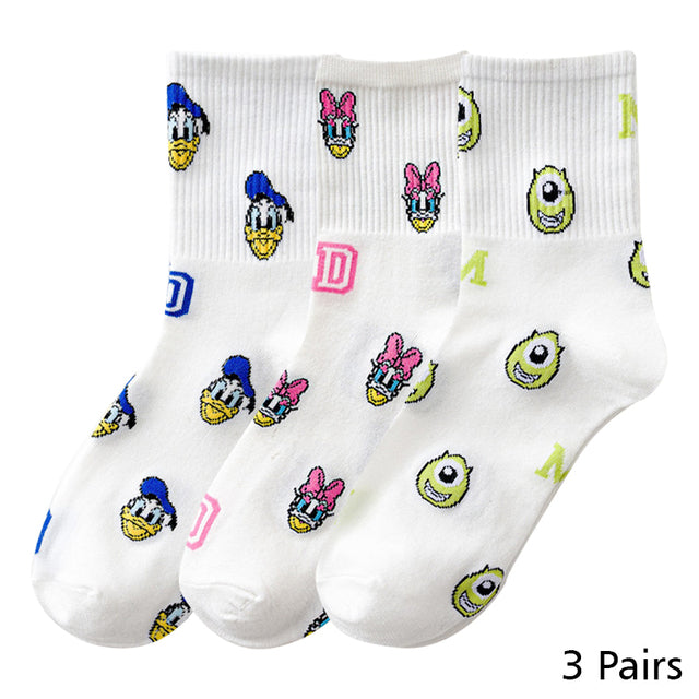 8 Pairs Disney Cartoon Socks Cute Mickey Minnie Daisy Donald Winnie Piglet Print White Funny Harajuku Fashion Kawaii Girl Sock
