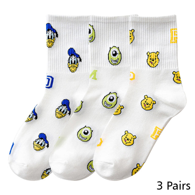 8 Pairs Disney Cartoon Socks Cute Mickey Minnie Daisy Donald Winnie Piglet Print White Funny Harajuku Fashion Kawaii Girl Sock