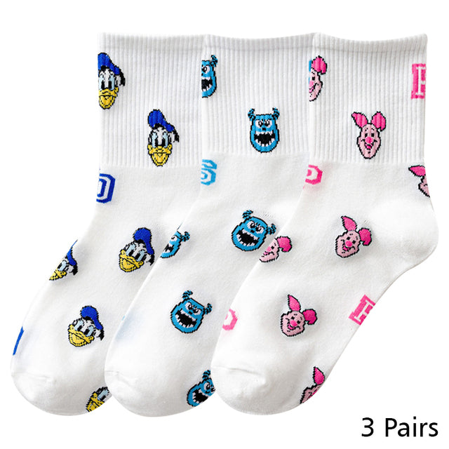 8 Pairs Disney Cartoon Socks Cute Mickey Minnie Daisy Donald Winnie Piglet Print White Funny Harajuku Fashion Kawaii Girl Sock