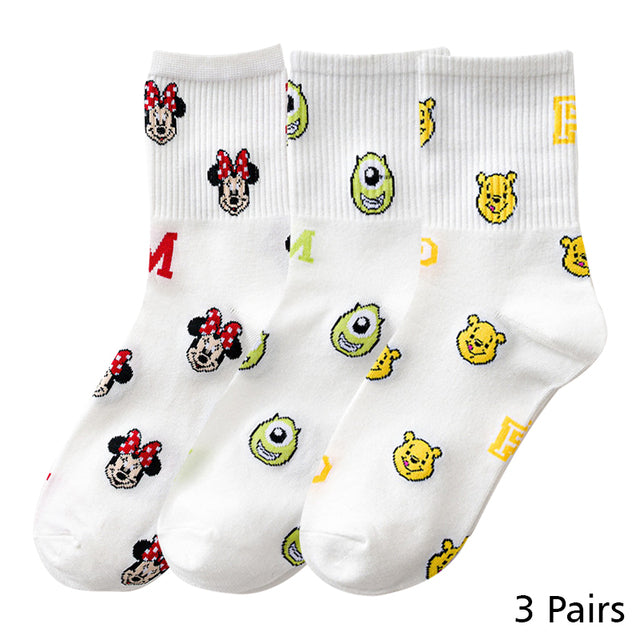 8 Pairs Disney Cartoon Socks Cute Mickey Minnie Daisy Donald Winnie Piglet Print White Funny Harajuku Fashion Kawaii Girl Sock
